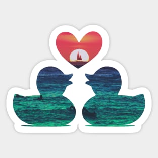 Cute Ducks with Red Heart Sunset Sticker